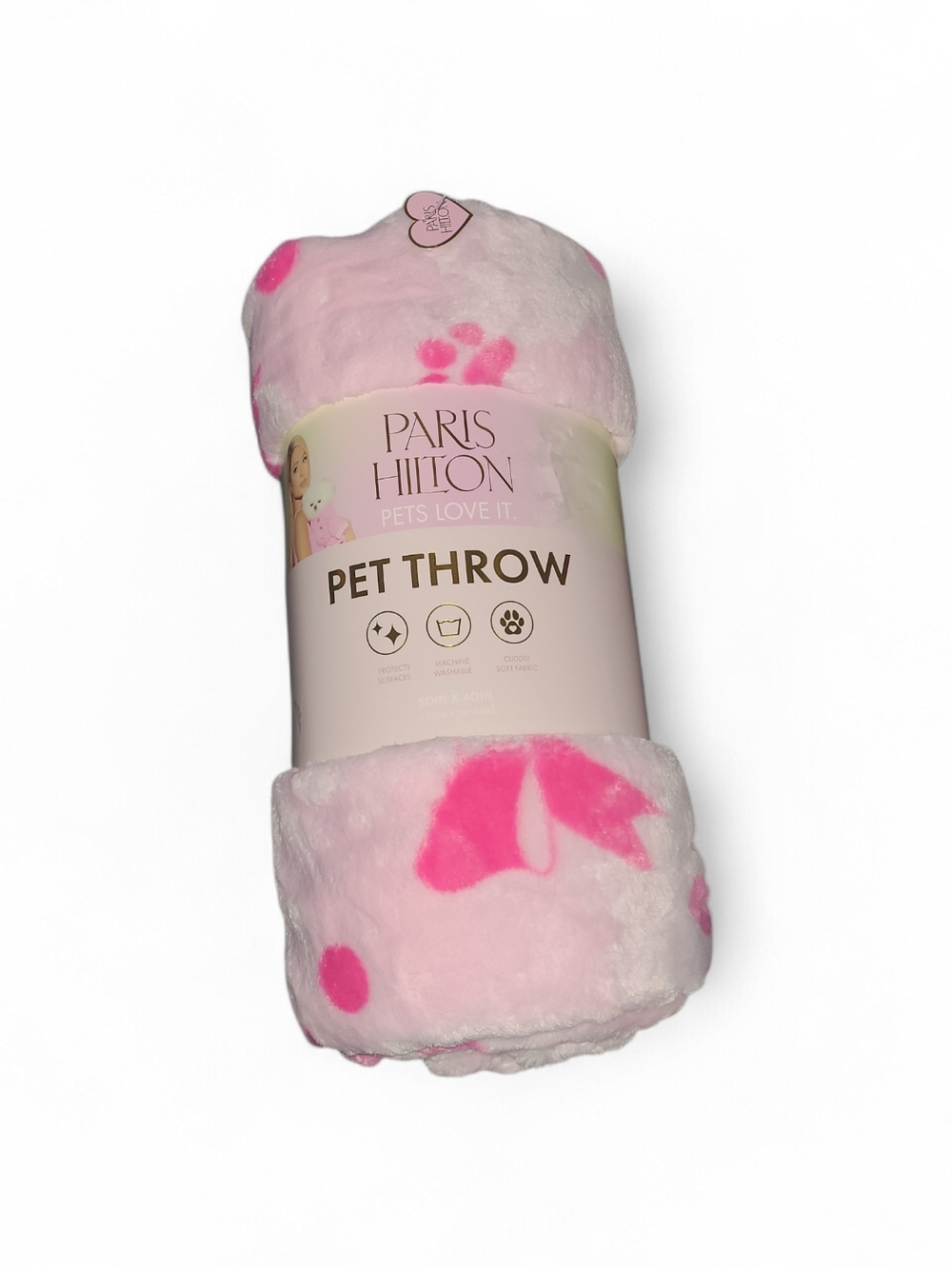 Paris Hilton Pink Plush Bow Paw Print Pet Blanket- 50x40in